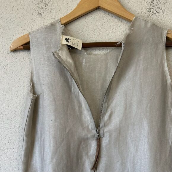 SHOSH Linen Blend Mini Dress Beige A-Line Sleeveless Babydoll Flowy - Picture 7 of 11